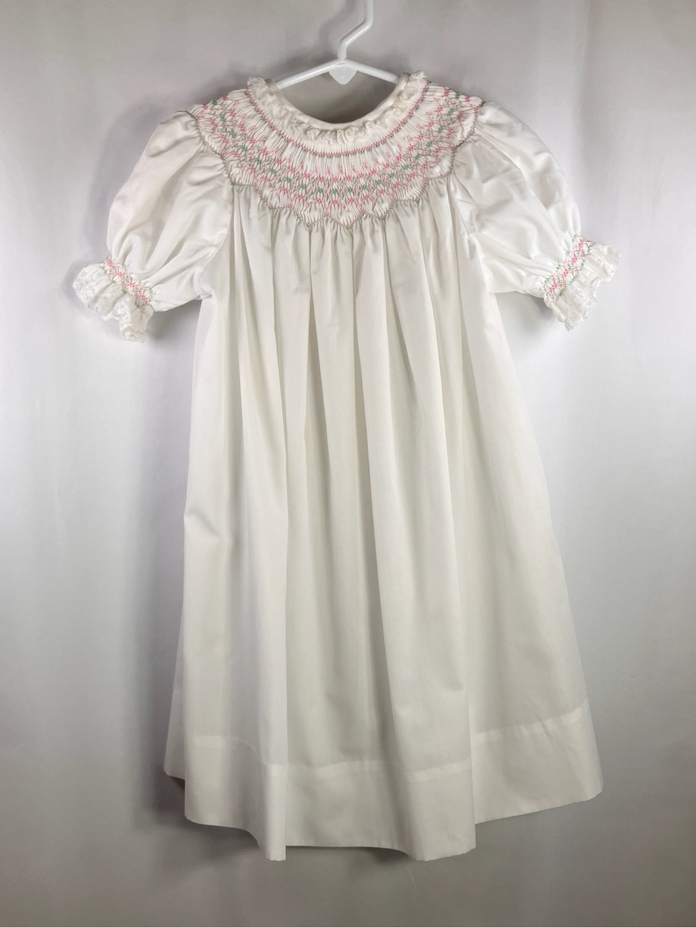 Vintage handmade White smocked bishop dress pink green embroidery ruffles Sz 4